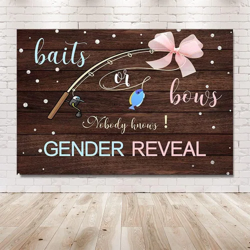 Vista 4 de MEHOFOND Fondo de fotos de 7 x 5 pies con texto en inglés "Nobody Knows Gender Reveal", tablero de madera rústica, mesa para tartas, decoración