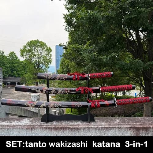 Vista 6 de 3-Piece Set Katana Carbon Steel Blade Japanese Samurai Sword Real,Iaido Samurai Sword Display Decoration Gift Rojo