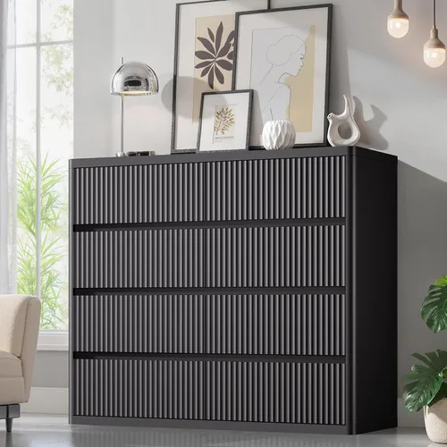 Vista 17 de Standifurno Cómoda negra de 56 pulgadas de alto para dormitorio, moderna acanalada con 6 cajones profundos, cómoda de madera con asas, perfiles Negro