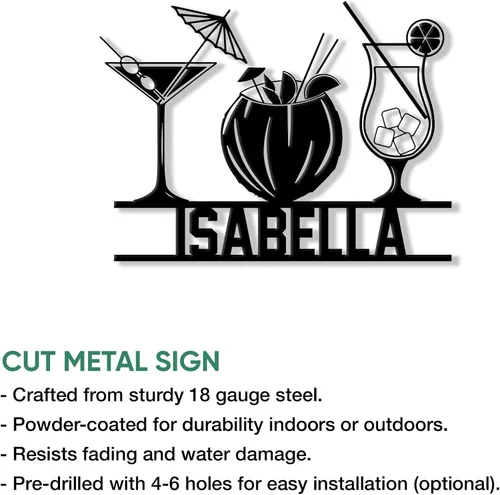 Vista 2 de Letrero de metal personalizado para bar de cócteles – Decoración de pared con nombre personalizado para bar del hogar, patio, o cocina, regalo