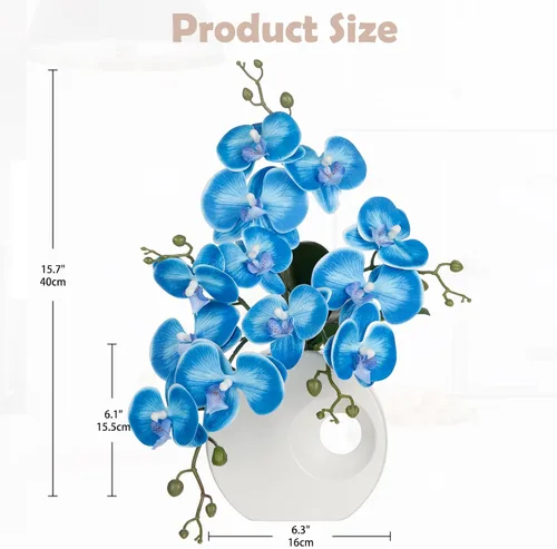 Vista 2 de Briful Flores de orquídea artificiales en jarrón de cerámica moderna de 40 cm de altura, arreglo de orquídea azul falsa de seda, flor de orquídea