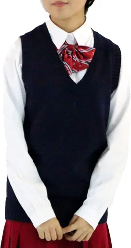 Vista 3 de Blostirno Chaleco de suéter para mujer, cuello en V, uniforme JK, chalecos Kint, sólido, clásico, sin mangas, suéteres