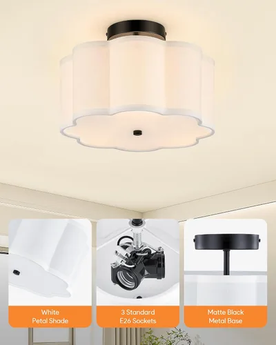 Vista 5 de VONLUCE Lámpara de techo semiempotrada de 12.6 pulgadas, moderna lámpara de techo de 3 luces con pantalla en forma de pétalos blancos, 3 enchufes