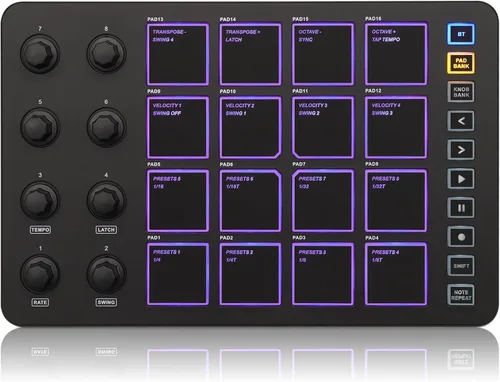 Vista 8 de M-VAVE Controlador de teclado USB MIDI de 25 teclas con 16 almohadillas de batería retroiluminadas, Bluetooth, teclado dinámico semi-pesado