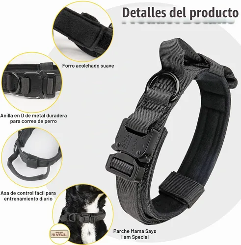 Vista 6 de KCUCOP Collar táctico para perro, collar militar con asa, collar K9 grueso, ajustable, resistente, para perros grandes y medianos (negro, L)