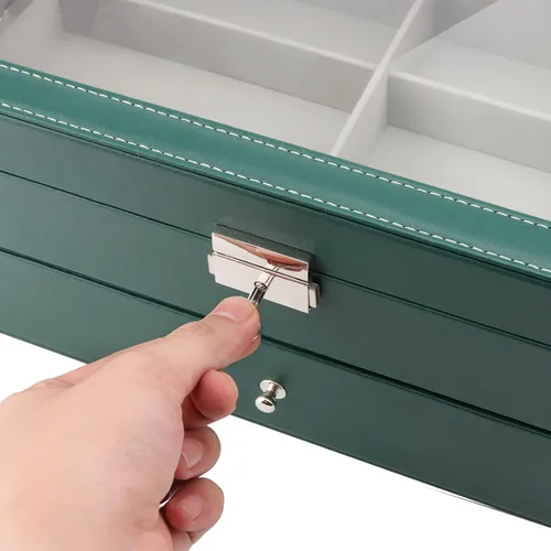 Vista 3 de Organizador de almacenamiento de lentes de sol de 12 ranuras, de doble capa, de cuero, con cerradura, caja de almacenamiento con cajón para mujeres
