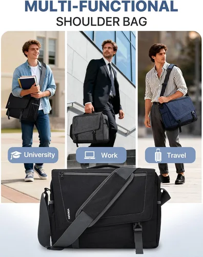 Vista 7 de Bolsa de mensajero para hombre, ligera, resistente al agua, 15.6 pulgadas, bolsa para laptop, bolsa de hombro para oficina de negocios
