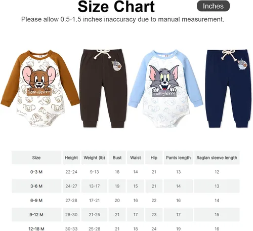 Vista 7 de PATPAT Tom and Jerry - Mameluco de manga larga con estampado de personajes o pantalones lisos, 0-18 meses