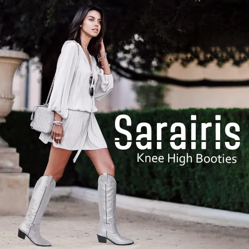Vista 2 de SaraIris Botas vaqueras para mujer, botas vaqueras de tacón grueso, punta puntiaguda, botas bordadas hasta la rodilla, botas altas de media