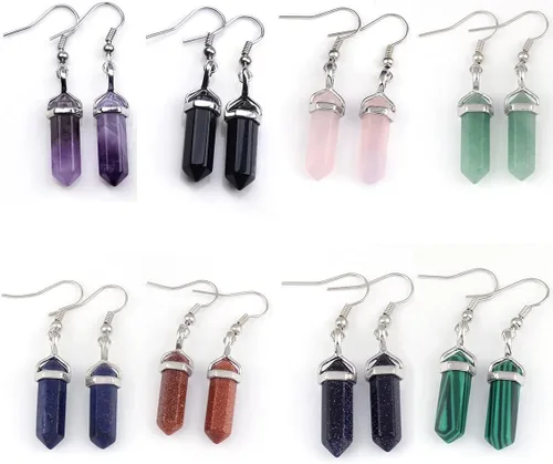 Vista 2 de Juego de pendientes colgantes con cristales de curación y cristales hexagonales de cuarzo natural para mujeres y niñas, piedras de cuarzo natural