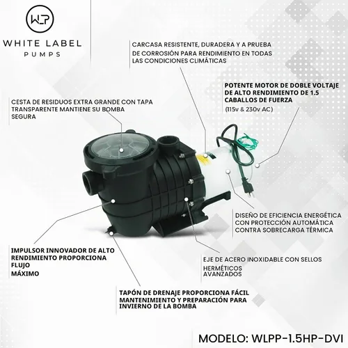 Vista 4 de WHITE LABEL Bomba de piscina en tierra - 110-120V/220-240V, 1.5HP, 110GPM, enchufe de pared