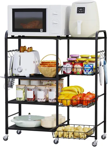 Vista 9 de HapiRm - Carrito rodante de cocina con microondas de 4 niveles - Soporte de mesa para microondas con cestas extraíbles, estante de almacenamiento