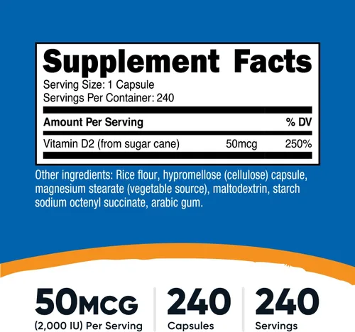 Vista 2 de Nutricost Suplemento de vitamina D2 (2000 UI) 240 cápsulas - Vegano, sin OMG, sin gluten, probado por terceros