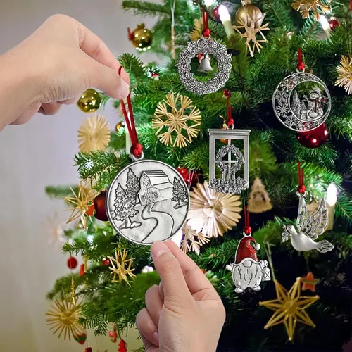 Vista 4 de Adornos navideños, 2024 Adorno de árbol de Navidad de peltre sólido hecho a mano de metal para colgar, artesanía DIY, coleccionables para árboles