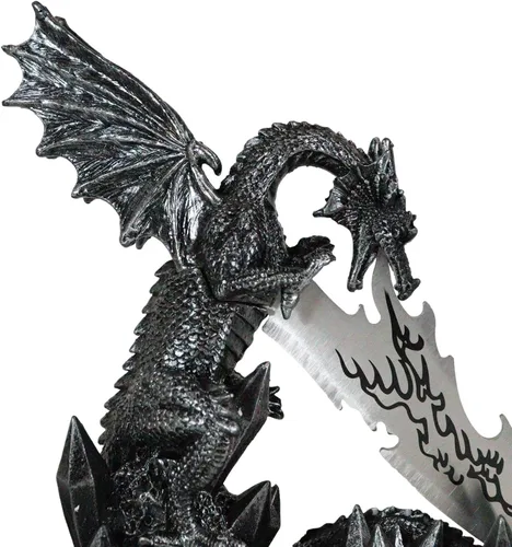 Vista 7 de Ebros Medieval Dreamwork Fantasía Dragón Fuego Aliento Daga Abrecartas Cuchillo con soporte de base, estatua de decoración de oficina en casa Figura