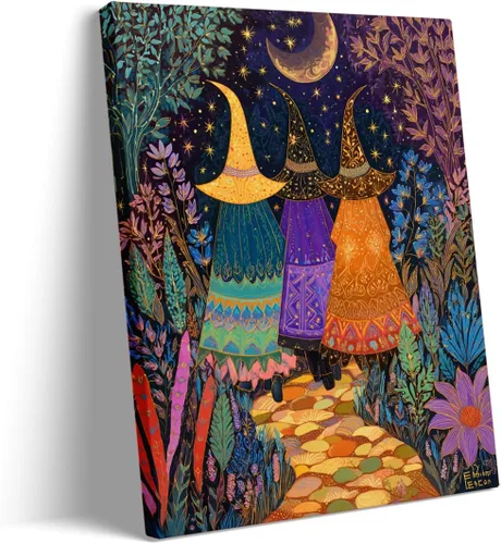 Vista 20 de Bonito arte de pared de gato negro de Halloween, divertido póster de lienzo de luna llena con ojos amarillos y cita de Feliz Halloween