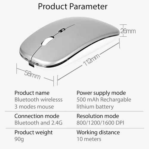 Vista 7 de Q&F Tech Ratón/mouse inalámbrico recargable Bluetooth, LED delgado, dos modos (2.4G + BT5.4) Botones silenciosos/silenciosos con 3 DPI ajustables
