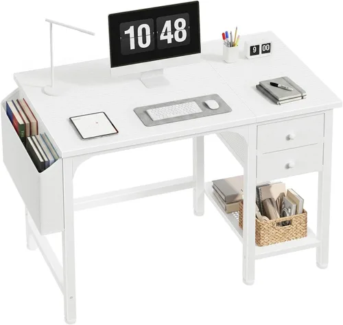 Vista 11 de Lufeiya Escritorio para computadora con cajones de tela, escritorio de juegos reversible de 40 pulgadas para espacios pequeños, oficina en casa