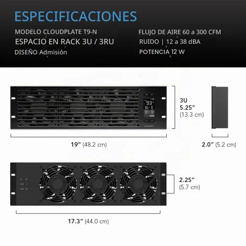 Vista 6 de AC Infinity CLOUDPLATE T9-N, panel de ventilador de montaje en rack 3U, flujo de aire de entrada