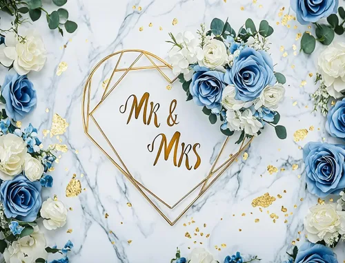 Vista 2 de LB Telón de fondo de boda de señor y señora de 5 x 3 pies, diseño floral de rosa blanca y azul, para fotografía de pareja, boda, fiesta, pancarta