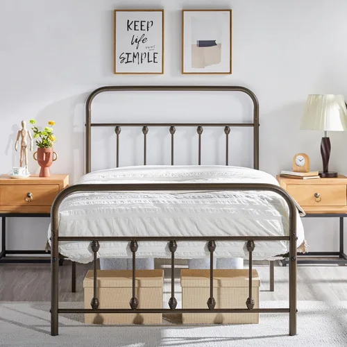 Vista 23 de Yaheetech Base de cama con plataforma de metal, cabecero y estribo Bronce