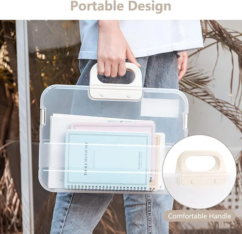Vista 10 de Lemical Cajas de archivo transparentes de plástico portátil con mango A4 Cajas de archivo resistentes de gran capacidad Almacenamiento de papel