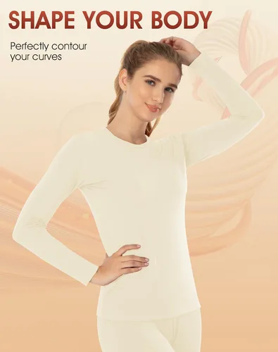 Vista 4 de MANCYFIT - Conjunto de ropa interior térmica para mujer, con forro polar, ultra suave Beige