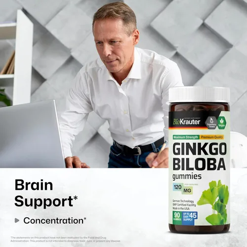 Vista 2 de BIO KRAUTER® Ginkgo Biloba para apoyo cerebral - Suplemento vegano de ginkgo biloba para calma, concentración y memoria - 90 gomitas de ginkgo