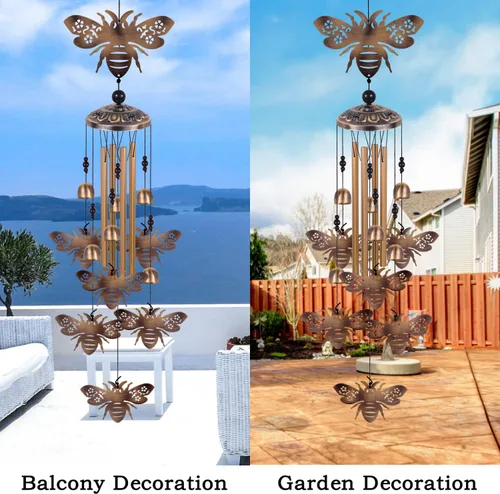 Vista 5 de Campanillas de viento de bronce con abejas para exterior/interior/jardín/hogar/balcón/césped/árbol/patio/decoración de jardín, atrapavientos retro