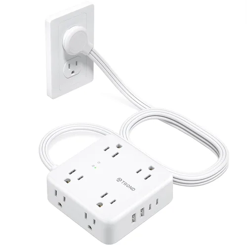 Vista 10 de TROND - Tira de alimentación con cubierta de toma, cable de extensión plano corto de 3 pies con 8 tomas de CA y 4 puertos USB, 13A/1625W, protector