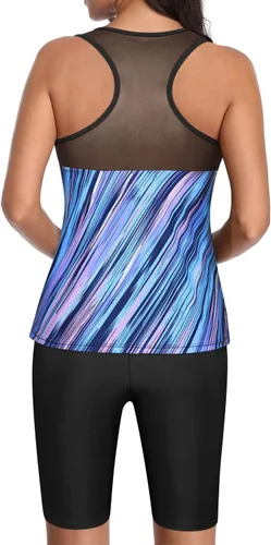 Vista 2 de Yonique Traje de baño de dos piezas para mujer con pantalones cortos, tankini modesto, traje de baño de espalda cruzada, traje de baño deportivo