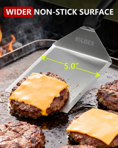 Vista 6 de HULISEN Espátula grande de acero inoxidable para parrilla, espátula de metal resistente de 6 x 5 pulgadas con bordes de corte, accesorios