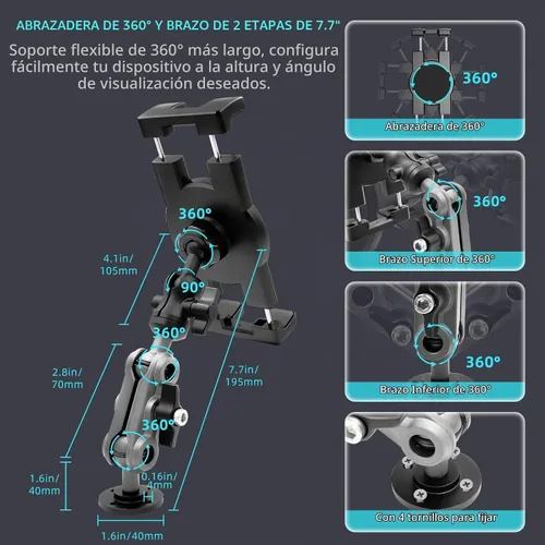 Vista 3 de Porfortop Soporte de aluminio resistente para tableta, soporte para tableta, soporte de montaje en automóvil, soporte ajustable de 2 etapas de 360°