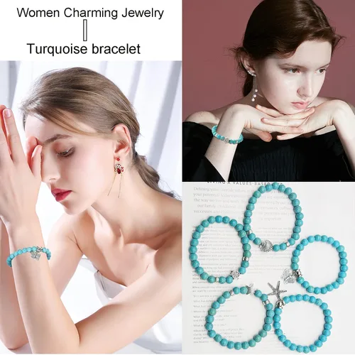 Vista 3 de CASDAN 10 pulseras de cuentas redondas de piedra turquesa de 0.315in para mujeres y hombres, pulseras de cuentas elásticas de cristal curativo