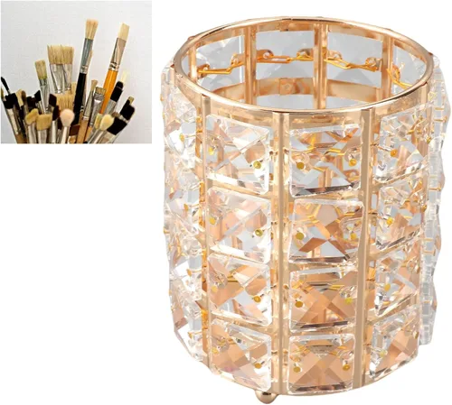 Vista 4 de Crystal Makeup Brush Holder, European Style Rounded Glass Cosmetic Organizer,for Vanity,Elegant & Durable Makeup Brush Organizer (Gold)
