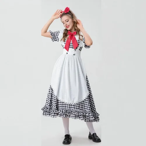 Vista 4 de Vestido de Halloween para mujer 2022, vestido de manga corta a cuadros de moda