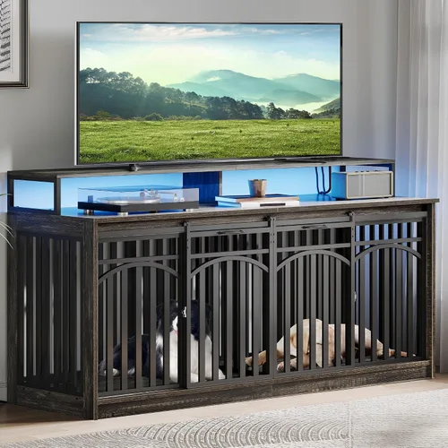 Vista 8 de DWVO 71" Double Dog Crate Furniture with LED Light & Power Outlets Soporte de TV doble resistente para perros con estantes y puertas correderas