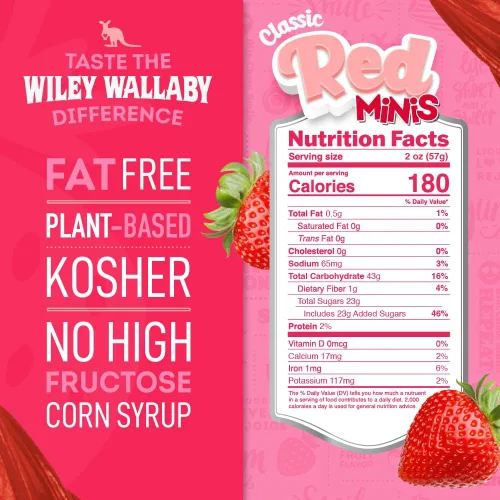 Vista 2 de Wiley Wallaby Mini bocados de regaliz rojo clásico, 2.0 onzas, bolsas de dulces de regaliz australiano suave y masticable, paquete de 18