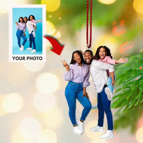 Vista 4 de Adorno de Navidad familiar personalizado para árbol de Navidad, adorno de foto familiar - Impresión opcional de doble cara - Adorno colgante