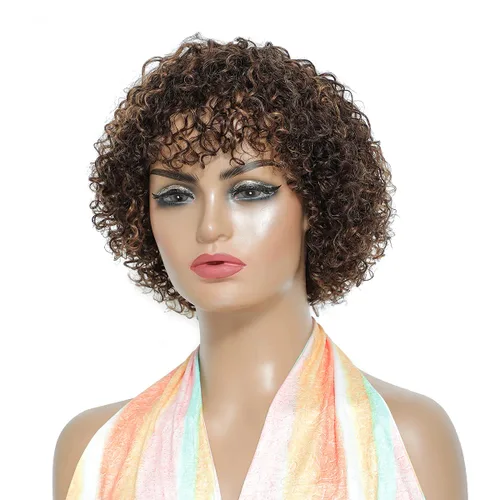 Vista 8 de Peluca de cabello humano rizado estilo Bob para mujeres negras, 150% de densidad, mezcla de castaño caoba, peluca corta sin pegamento por
