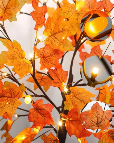 Vista 2 de Uieke Árbol de arce artificial de otoño con 48 luces LED de 4 pies con 12 luces de piño, 8 modos, decoración de otoño para el hogar, decoración
