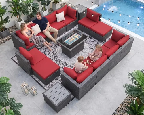 Vista 130 de NICESOUL Juego de muebles de patio de ratán extra grande con mesa para fogata de gas y propano, 29.3 pulgadas, respaldo alto, cómodos conversaciones