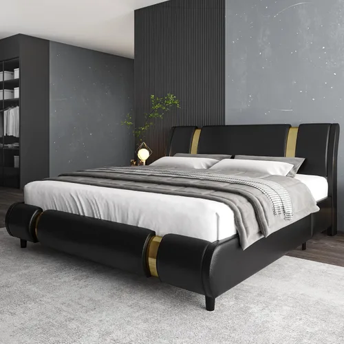 Vista 8 de TTVIEW Moderna base de cama tapizada de piel sintética con decoración de metal de hierro dorado, cabecera curvada ajustable, soporte de listones