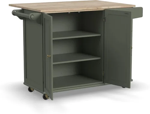 Vista 12 de Homestyles Carrito móvil de isla de cocina con parte superior de madera y barra de desayuno con hoja desplegable, 18" de profundidad x 53.5" de Verde