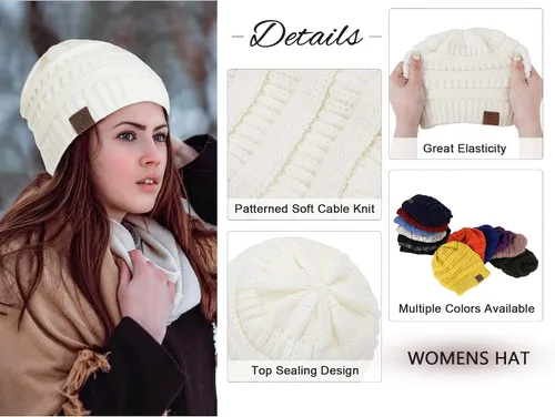 Vista 3 de Zando Gorros de punto grueso con forro de satén para mujer, cálidos gorros de invierno para mujer