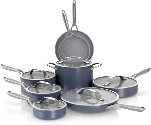 Vista 21 de Juego de ollas y sartenes Ninja antiadherentes Juego de utensilios de cocina de cerámica premium de vida extendida 9 piezas antiadherentes Gris