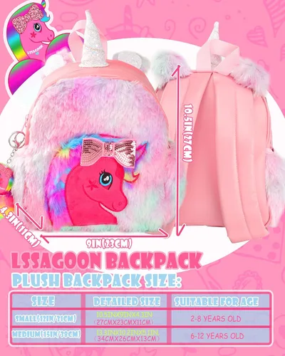 Vista 4 de LSSAGOON Mochila de felpa de unicornio para niñas, bonita bolsa de libro escolar de piel sintética suave, mochilas Kawaii esponjosas para niños.
