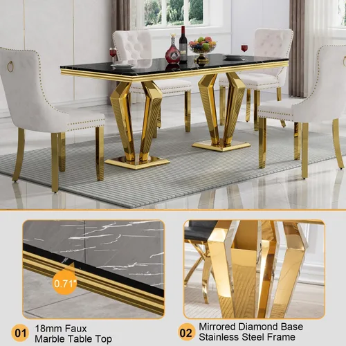 Vista 4 de Mesa de comedor de mármol negro para 4, 6, 70 pulgadas, moderna mesa de comedor de cocina dorada con base de acero inoxidable con diseño