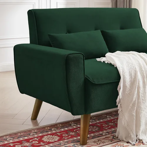 Vista 3 de Sofá de dos plazas con dos cojines, sofá de estilo moderno de mediados de siglo para sala de estar, tela de lino, 48" (verde)