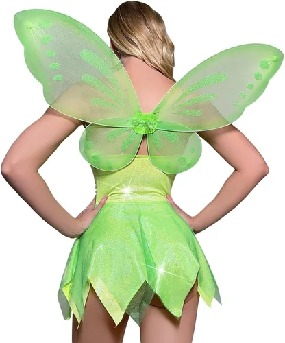 Vista 5 de Juakoso Disfraz de hada del bosque de Halloween para adultos, vestido de cosplay de Campanilla sexy con lentejuelas, vestido de elfo con alas